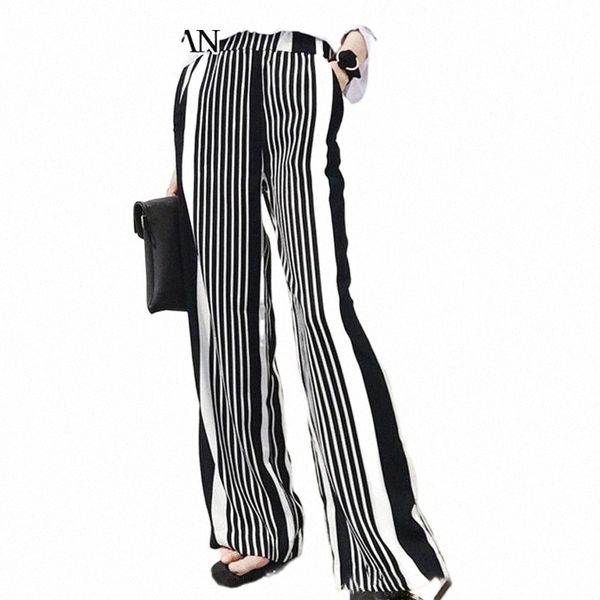 

casual striped loose pants for women full length high waist hit color wide leg female fashion 2021 spring style women's & capris y4yl#, Black;white