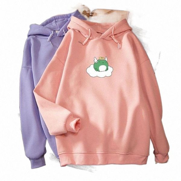 

loose hoodies vintage sweatshirt korean oversize women pullover with custom print angel frog women's & sweatshirts v6cp#, Black