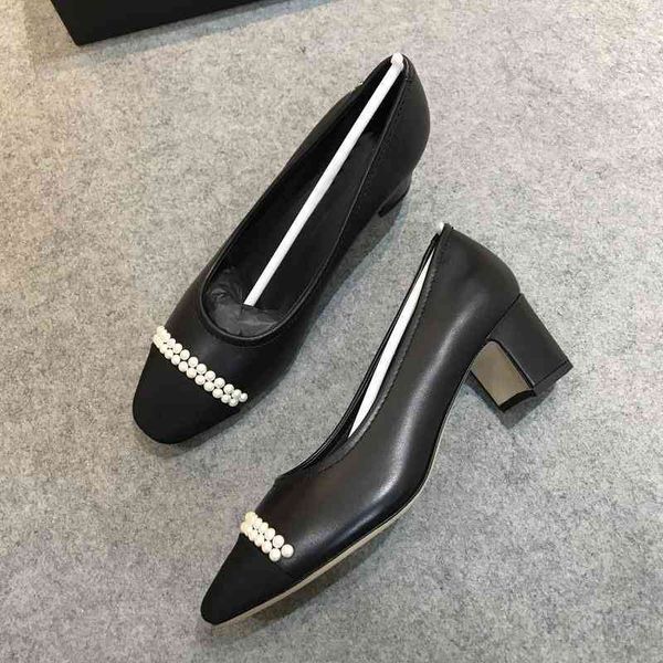 

dress shoes temperament celebrity single shoes shallow middle heel french black leather pearl evening style thick high