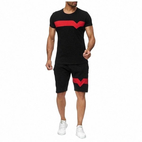 

men's tracksuits summer casual set short sleeve sports stitched polyester stripe color 2 piece outfit sets vetement q0pb#, Gray