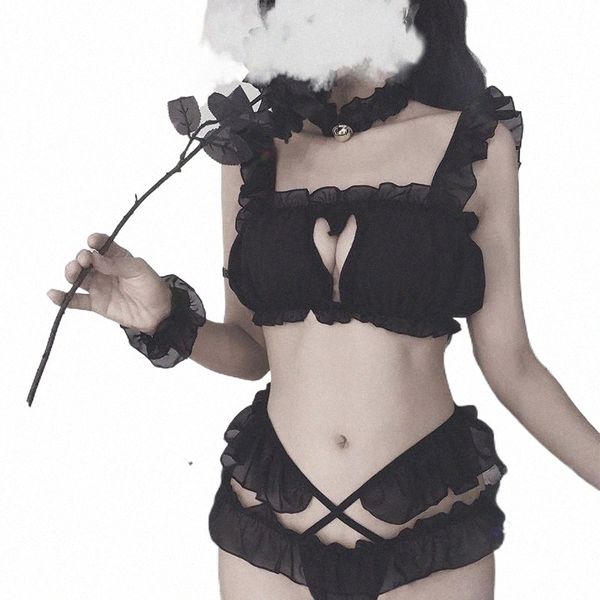 

japanese cat girl uniforms cosplay lingerie love hollow bra and panty cute temptation chiffon pajamas set dress bras sets 54pk#, Red;black