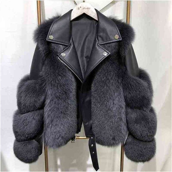 

women's jackets women faux fur coat with fox fur winter fashion motocycle style luxury fox fur leather jackets woman trendy overcoats 2, Black;brown