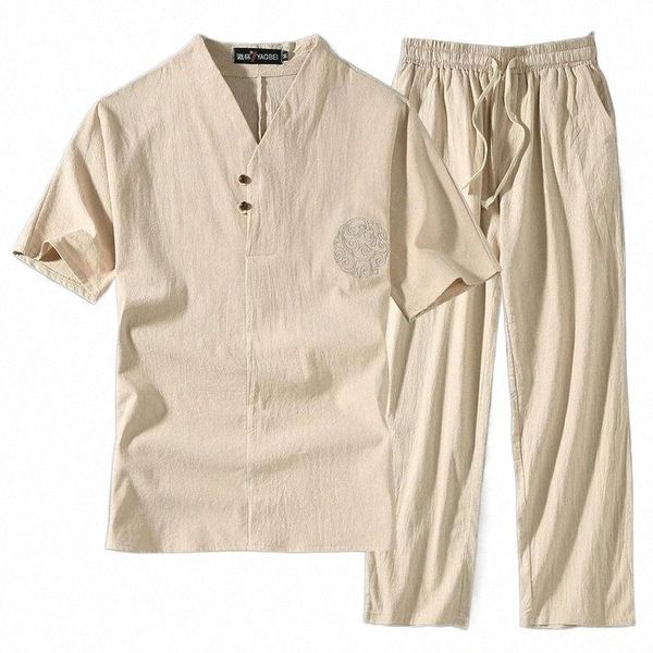 

men's tracksuits clothing plus size tracksuit summer suit linen t-shirt casual male set chinese style 6xl 7xl 8xl 9xl big two pcs men r, Gray