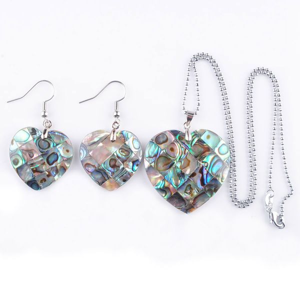 

natural paua abalone shell heart fashion jewelry set for women party gift beads dangle pendant dangle hook earring chain 45cm q3002, Silver
