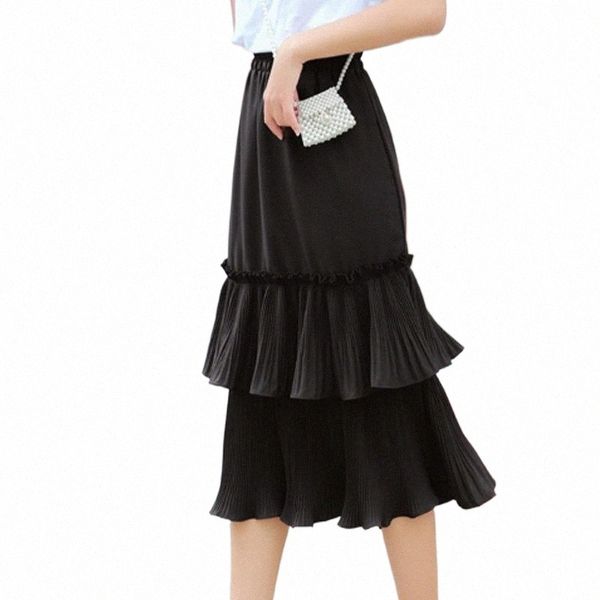 

skirts female elastic waist ruffles chiffon basic street college style high women elegant ropa mujer verano q4is#, Black