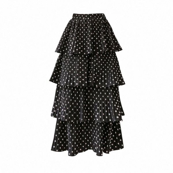 

skirts 2021 spring summer women skirt korean sweet dots floral chiffon long high waist multi-layer pleated hem cake f8eo#, Black