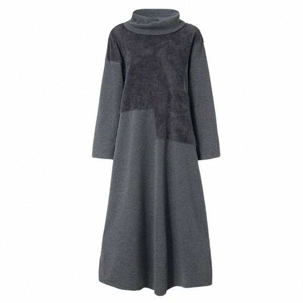 

skirts women autumn turtleneck long sleeve patchwork plush irregular hem maxi dress z51b#, Black