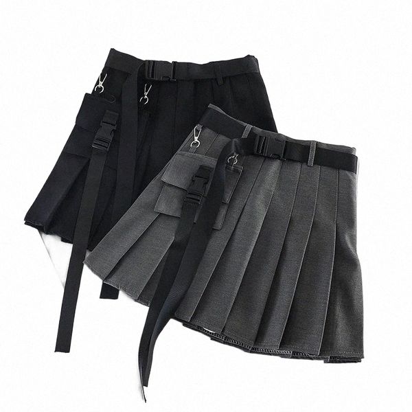 

skirts fashion solid black gray patchwork pleated suspender for women gothic summer punk 2021 pockets zipper a-line mini skirt p38j#