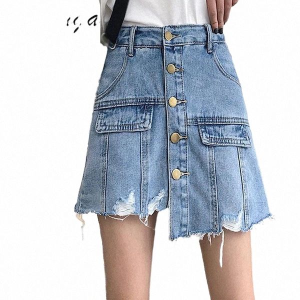

skirts kinsaga chic ripped tassel irregular hem short a-line denim jeans skort summer women highstreet loose button up blue i2co#, Black