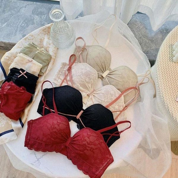 

wasteheart women fashion red skin lingerie bralette bow lace cotton panties wireless bra sets underwear a b female bras l2vj#, Red;black