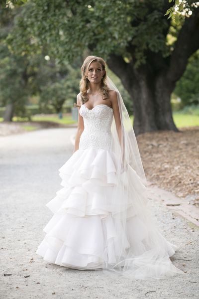 

overskirts wedding dresses strapless lace applique chapel train ruffles tiered skirt church bridal gown, White