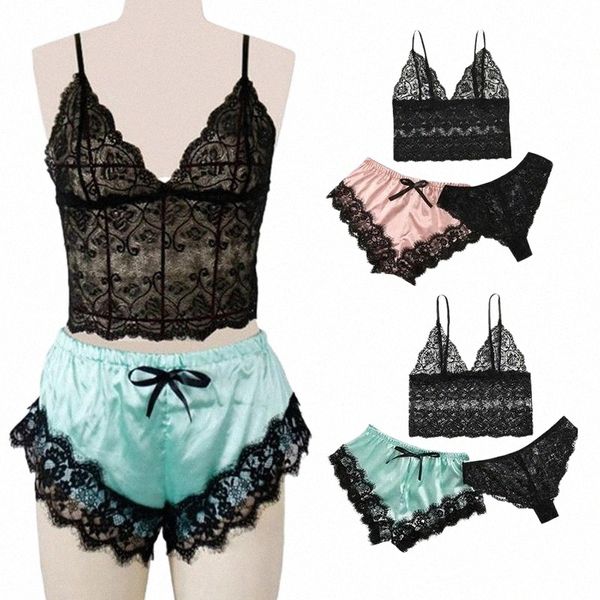 

three-piece stretch satin temptation shorts lace transparent pajamas bras sets b3p3#, Red;black