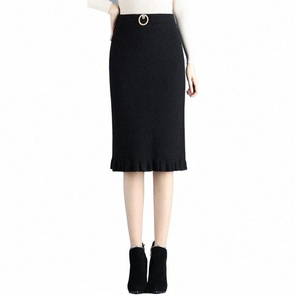 

skirts autumn & winter bag hip skirt high waist thin simple black stretch wild split women a-line woolen long y01o#