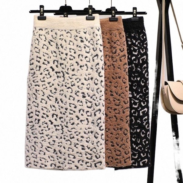 

skirts winter warm & cashmere leopard knitted mid pencil autumn back split stretch tube calf long khaki beige m601#, Black