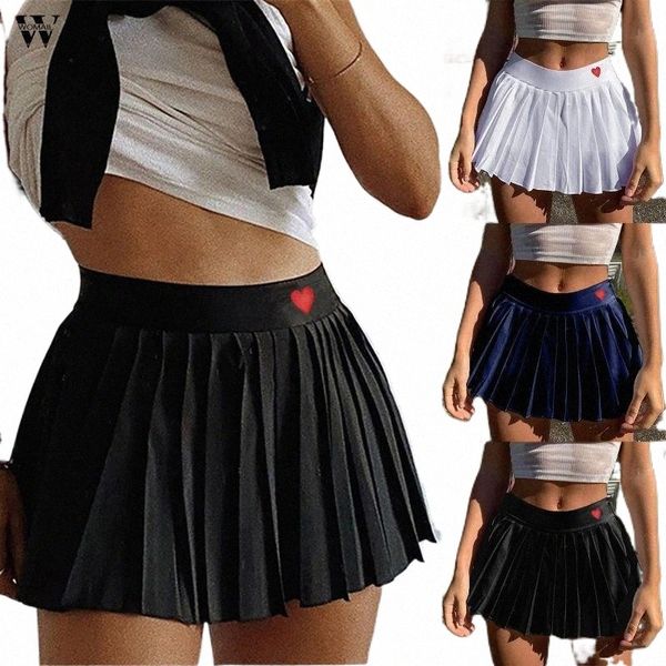

skirts womail summer women 2021 high waist korean style red heart pattern pleated for girls cute sweet mini ladies skirt h3xh#, Black