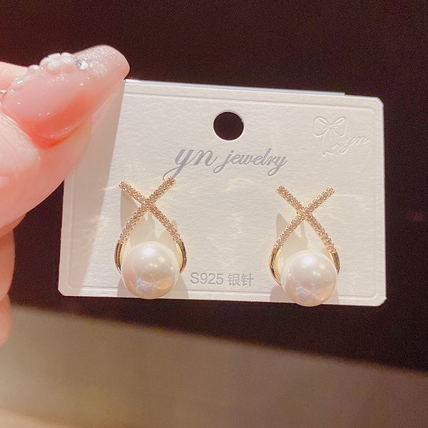 

micro inlaid cross pearl stud earrings women female fashion french silver pin earrings elegant cute ear jewelry 2022 new, Golden;silver