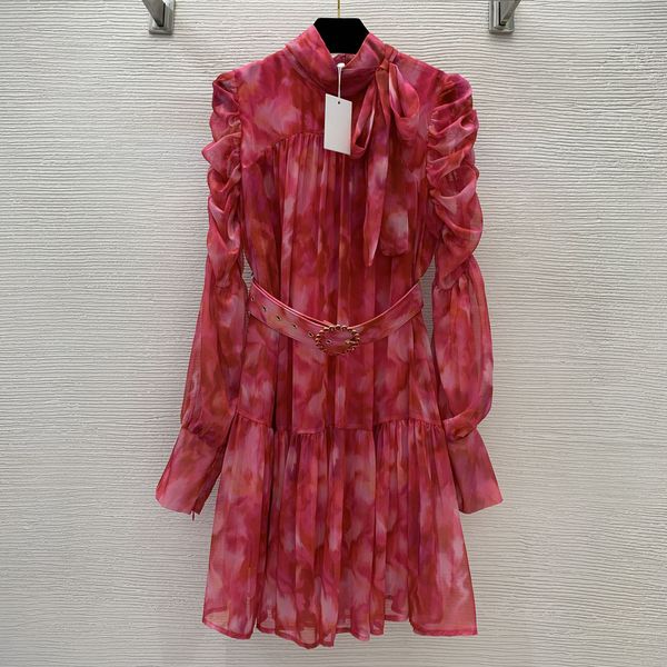 

casual dresses early spring shirt collar loose waist stand collar real silk printed dress, Black;gray