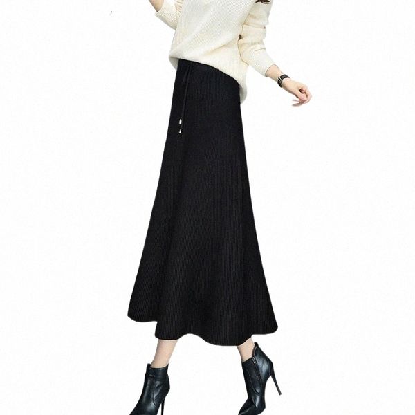

skirts women knitted long skirt autumn winter warm a-line maxi elastic high waist knit female casual pleated o9fq#, Black