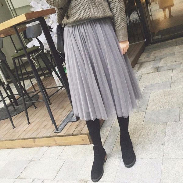

skirts summer solid mid-calf skirt ball gown large umbrella princess foe female lady three layers of yarn women j2rc#, Black