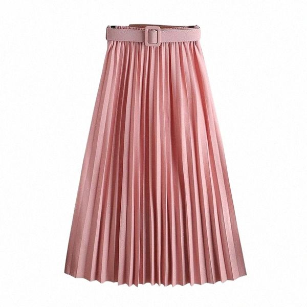

women high waist belt pleated skirts spring autumn fashion casual vintage elastic long skirt female lady mujer faldas g2jd#, Black