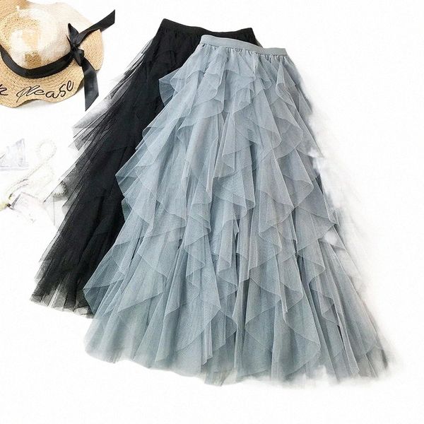 

women summer mesh skirt stretch high waist good quality tutu femme faldas jupe saia ruffles skirts r16g#, Black