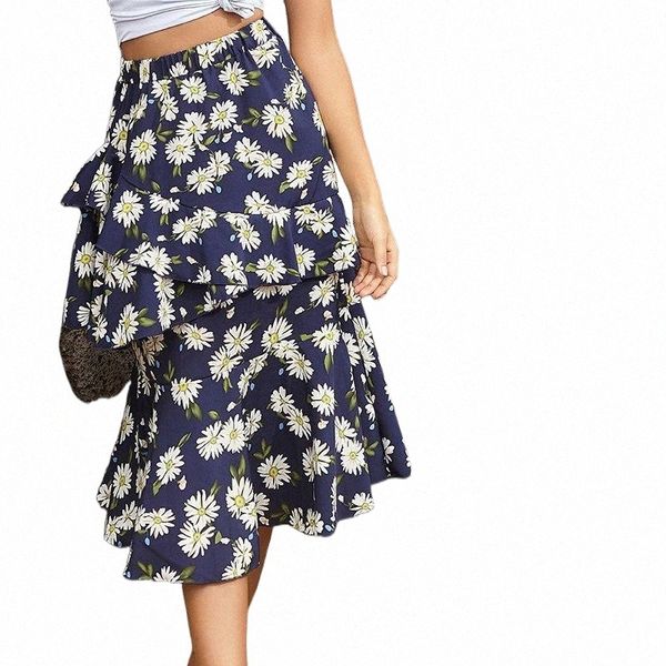 

summer boho pleated chiffon long skirt women plus size ruffles elegant elastic high waist casual floral beach midi skirts female 129m#, Black