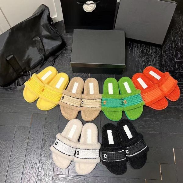 

autumn winter new style wool slippers women flat bottom plush sandal designer candy color furry fluffy lamb wool slipper home leisure sandal, Black