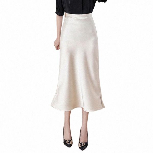 

retro 2021 high waist side slit satin skirt like silk fashion women elastic slim a-line wrap buttock mid femm skirts 793b#, Black
