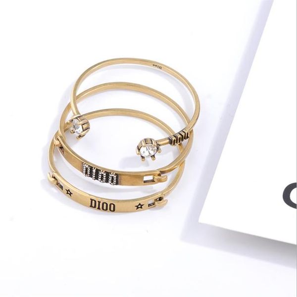 

three piece set of antique brass letters bracelet with female zircon inlaid in three layers2901, Golden;silver