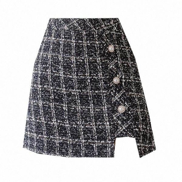 

skirts women tweed skirt 2021 spring autumn girl cute korean high waist slim ladies ol sweet plaid mini short a0bs#, Black
