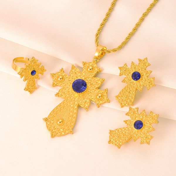 

24k fine yellow gold ethiopian jewelry blue stone habesha women bride wedding jewelry set, Slivery;golden