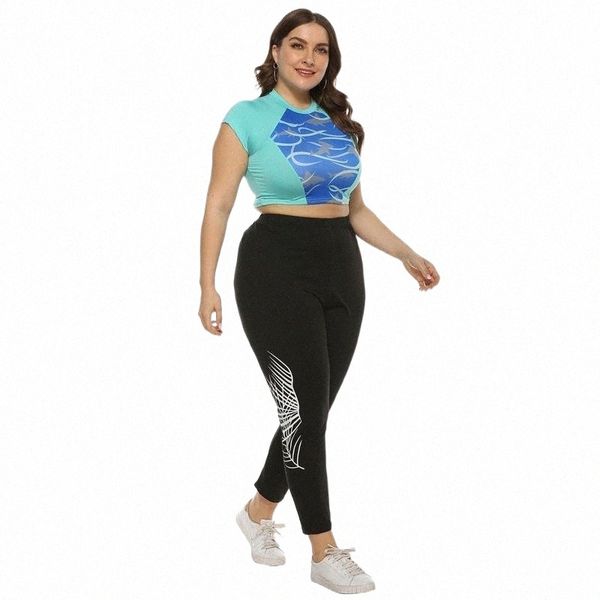 

spring big size black women leggings leaf print mid waist slim casual elastic pants plus trousers clothes female 4xl women's & capris f, Black;white