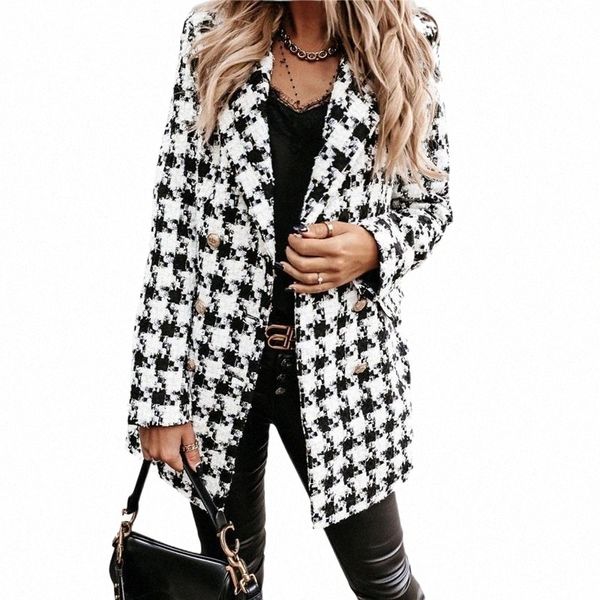 

fashion autumn women plaid blazers and jackets work office lady suit slim double breasted business female blazer coat talever i3js#, White;black