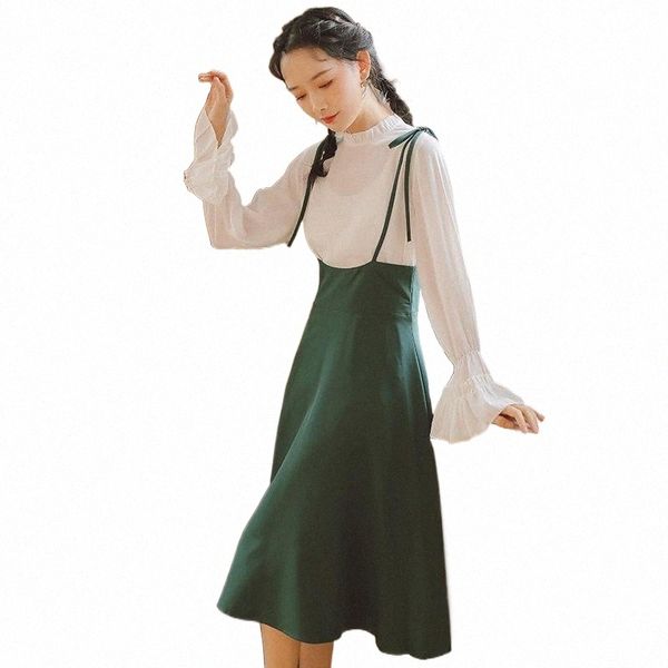 

womens two piece set flare sleeve stand collar white blouse hight waist knee length strap skirt pleated prairie chic skirts b6rs#, Black