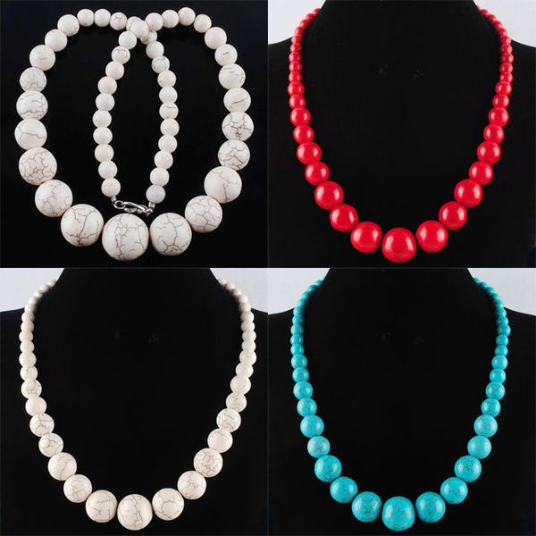 

chokers necklaces for women jewelry white red blue turquoises stone graduated round beads beaded strand 19 inches bf313, Silver