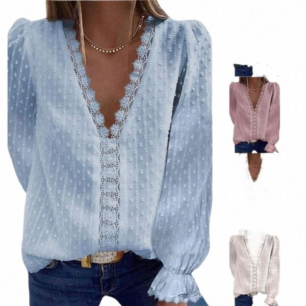 

women's blouses & shirts elegant lace crochet v neck long sleeve y2k solid color vintage tunic summer blouse outfits x8nn#, White