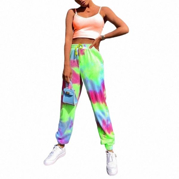 

casual women fashion drawstring tie-dye pants high waist female street wear trousers women's & capris 06wd#, Black;white