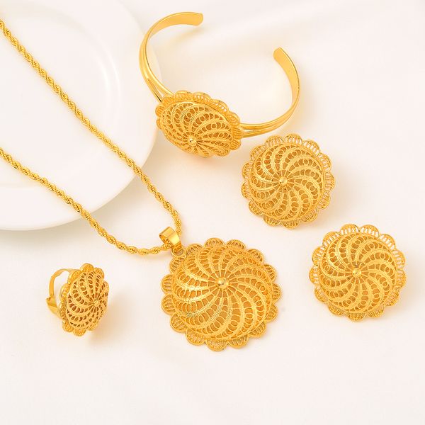 

new 4pcs/lot jewelry sets for women dubai 24k fine gold colour pendant chain earings ring hairpin eritrea africa habesha wedding bracelet ea, Black
