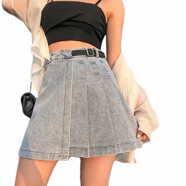 

summer women denim mini skirt solid pleated sashes korean casual jeans harajuku short skirts 02fe#, Black