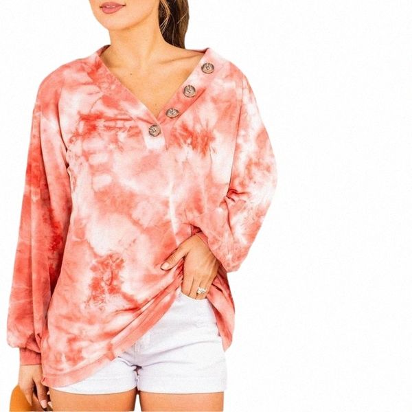 

women's fashion tie dye sweatshirts long sleeve v neck button pullover loose fit hoodies & u8wu#, Black