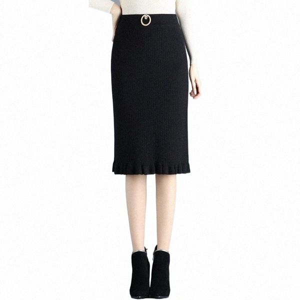 

skirts autumn & winter bag hip skirt high waist thin simple black stretch wild split women a-line woolen long e5r0#