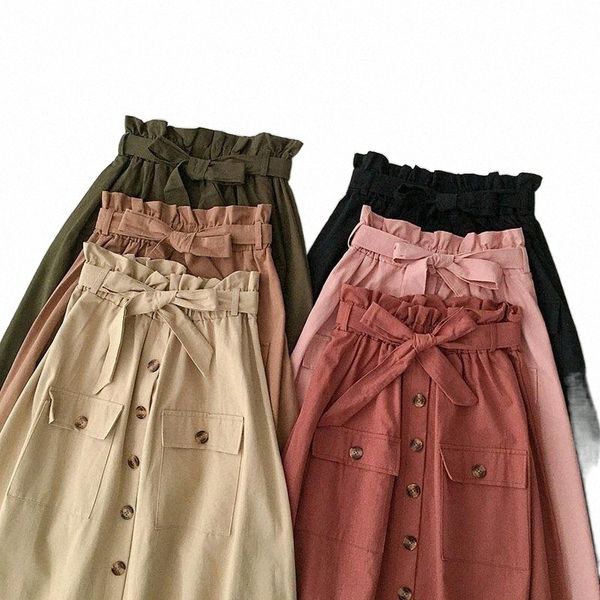 

skirts oceanlove bow solid 2021 long skirt buttons  spring women student casual simple fashion faldas ins pocket 14061 p9un#, Black