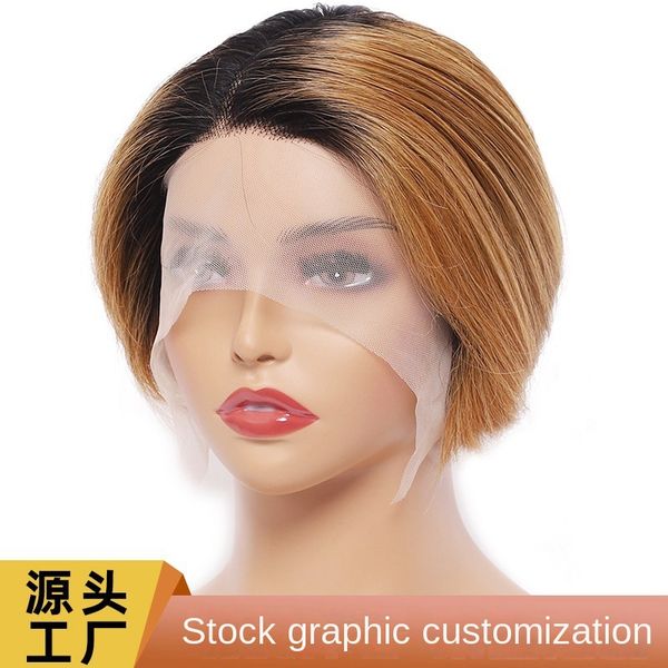 

lace front wig straight human hair highlights pre-lacy short hair bob 1b-30, Black;brown