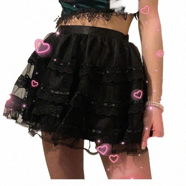 

black mesh mini tutu skirts women summer harajuku punk high waist short skirt ruffles gothic bow assk82756 x7cq#