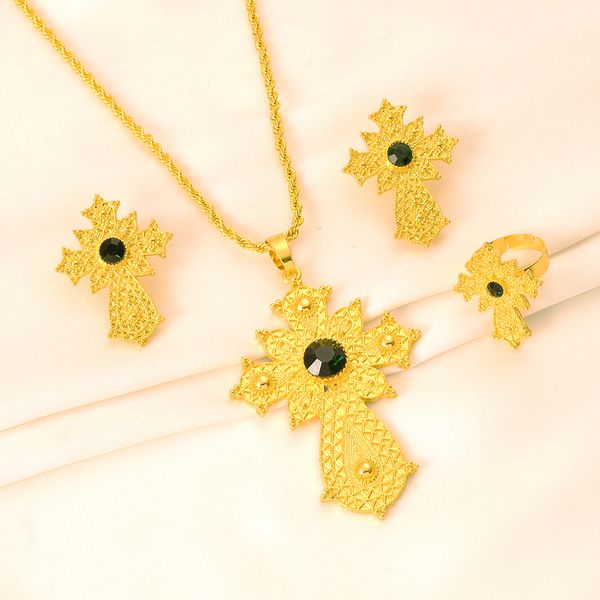 

24k fine yellow gold color ethiopian jewelry green stone habesha women bride wedding jewelry set, Slivery;golden