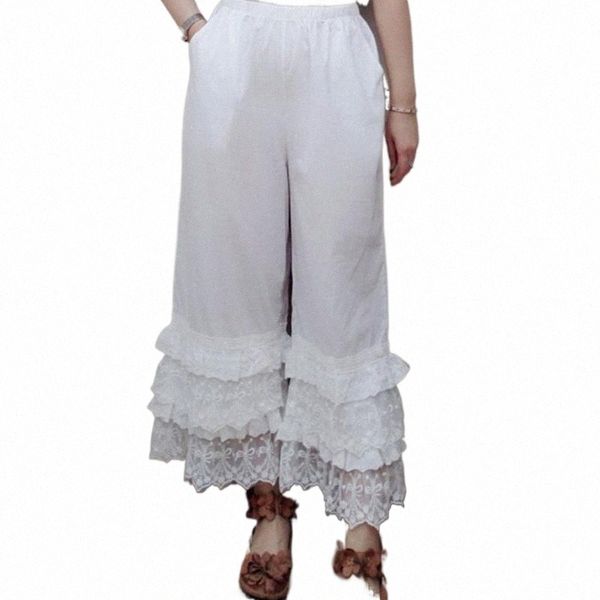 

summer autumn mori girl lace elastic waist loose pants women cotton multi-layer embroidery wide leg female z038 women's & capris b1an#, Black;white