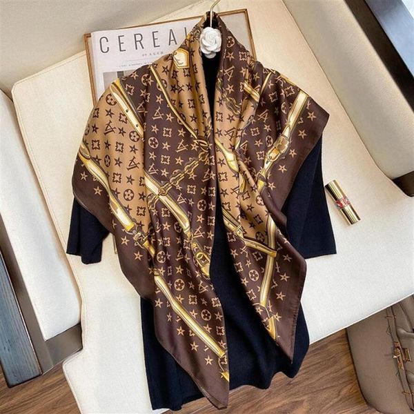 

luxury brand classic simple letter design satin luxury square scarf outdoor shawl silk turban beach wrap fashion women scarves 90 229r213e, Blue;gray
