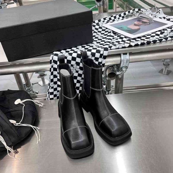 

boots spring and autumn single boots children's spring square head genuine leather versatile thick soled super fire chimney, Black
