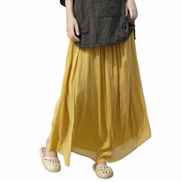 

skirts johnature pleated women cloths 2021 summer elastic waist yellow loose vintage 13sl#, Black
