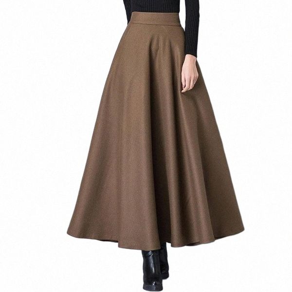 

skirts vintage high waist woolen womens warm thick autumn winter long skirt female elegant solid large size a-line q1916 f6l9#, Black